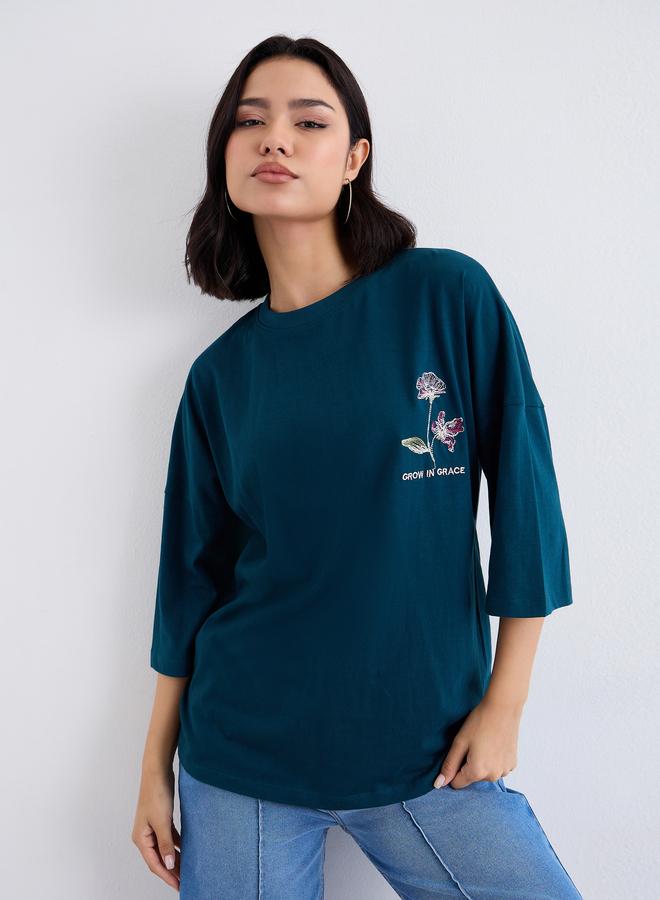 Styli Women Dark Green Exaggerated Shoulder Oversized T-Shirt - Image 1